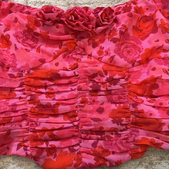 Free People Pink and Red cropped runched Floral Blouse XS - Picture 5 of 8